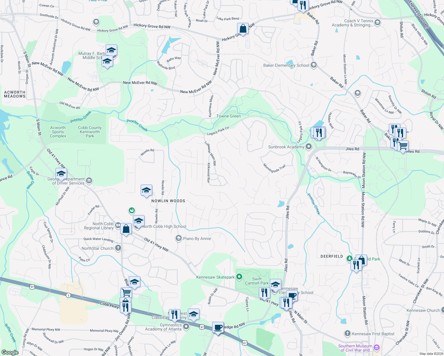 map of restaurants, bars, coffee shops, grocery stores, and more near 2983 Bancroft Glen in Kennesaw