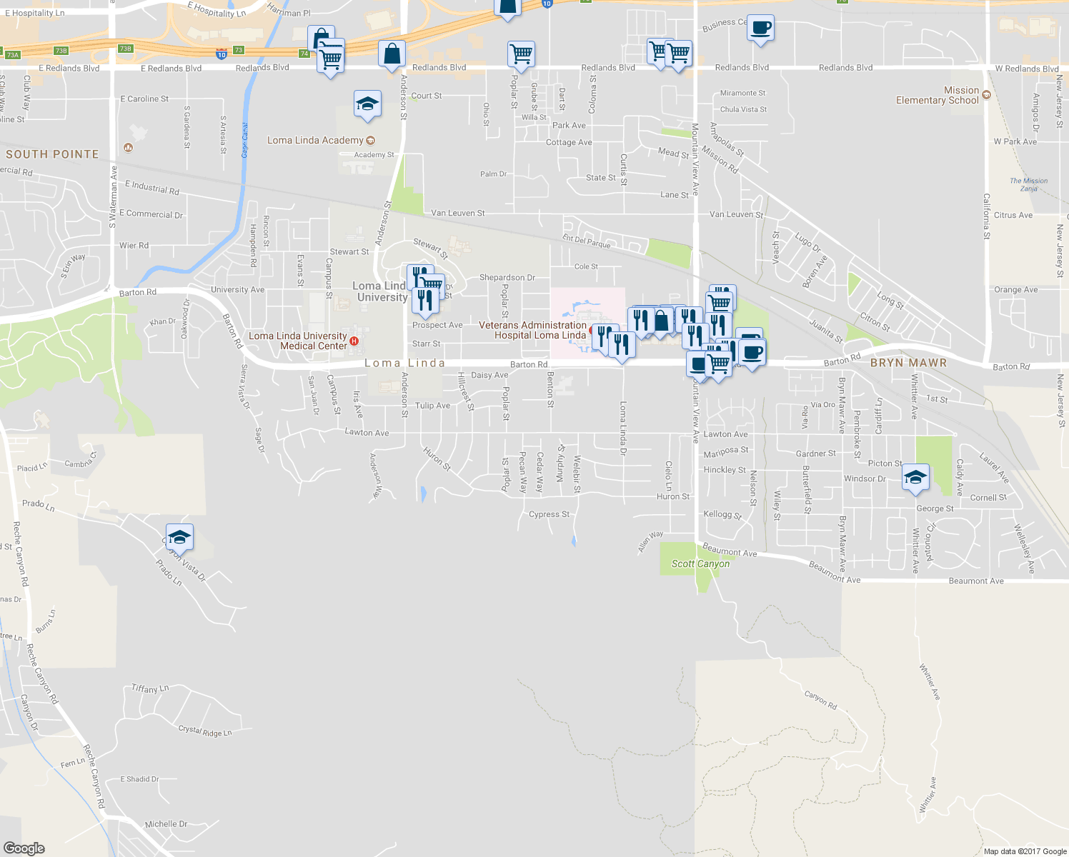 map of restaurants, bars, coffee shops, grocery stores, and more near 25236 Lawton Avenue in Loma Linda