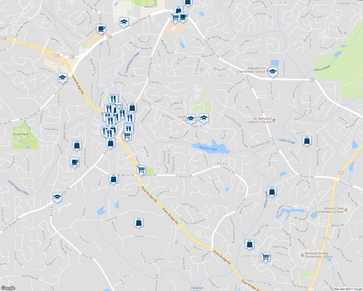 map of restaurants, bars, coffee shops, grocery stores, and more near 4920 Streamside Drive in Alpharetta