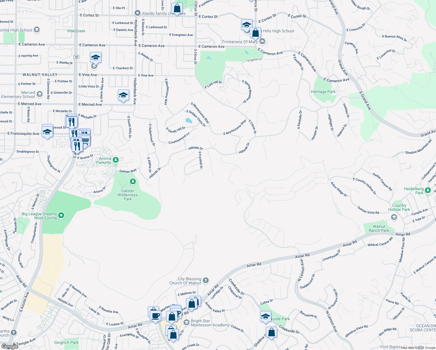 map of restaurants, bars, coffee shops, grocery stores, and more near 1366 Bentley Court in West Covina