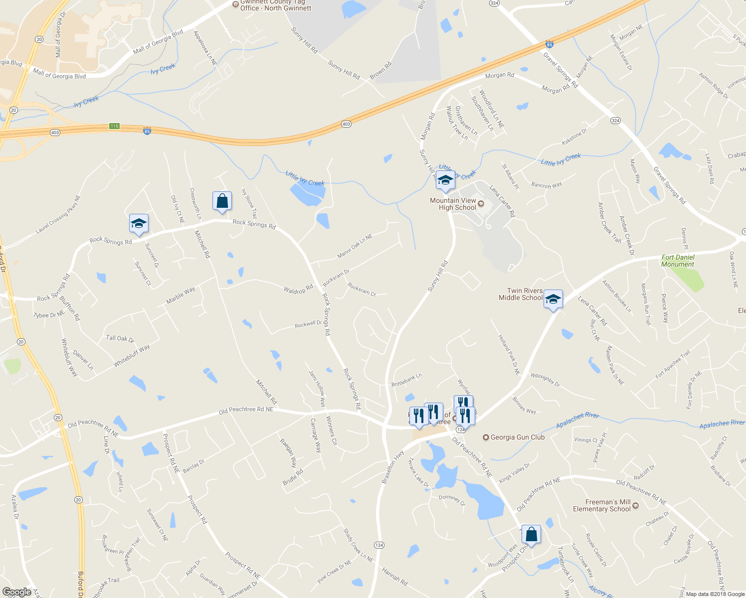 map of restaurants, bars, coffee shops, grocery stores, and more near 2282 Rocksram Court in Buford