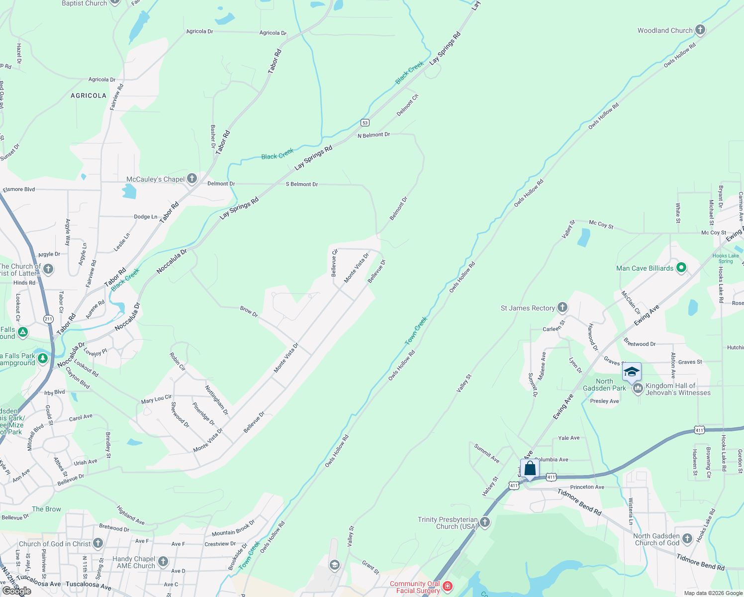 map of restaurants, bars, coffee shops, grocery stores, and more near 1515 Bellevue Drive in Gadsden