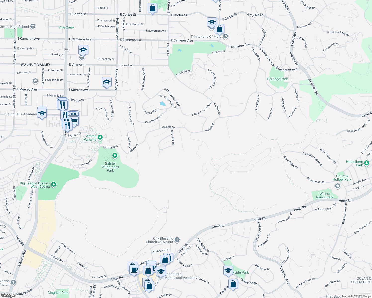 map of restaurants, bars, coffee shops, grocery stores, and more near 1366 Bentley Court in West Covina