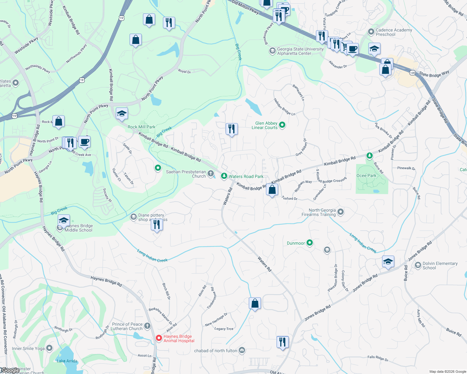 map of restaurants, bars, coffee shops, grocery stores, and more near 415 Lyerly Pointe in Alpharetta
