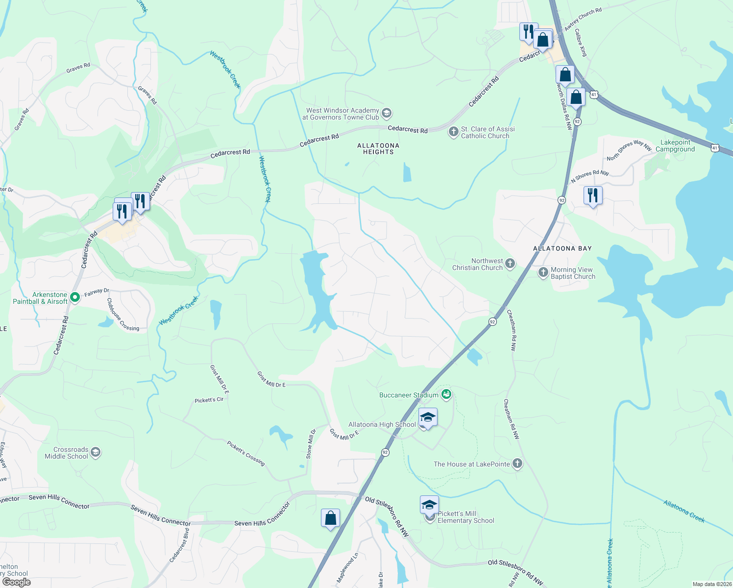 map of restaurants, bars, coffee shops, grocery stores, and more near 37 Picketts Forge Dr W in Acworth