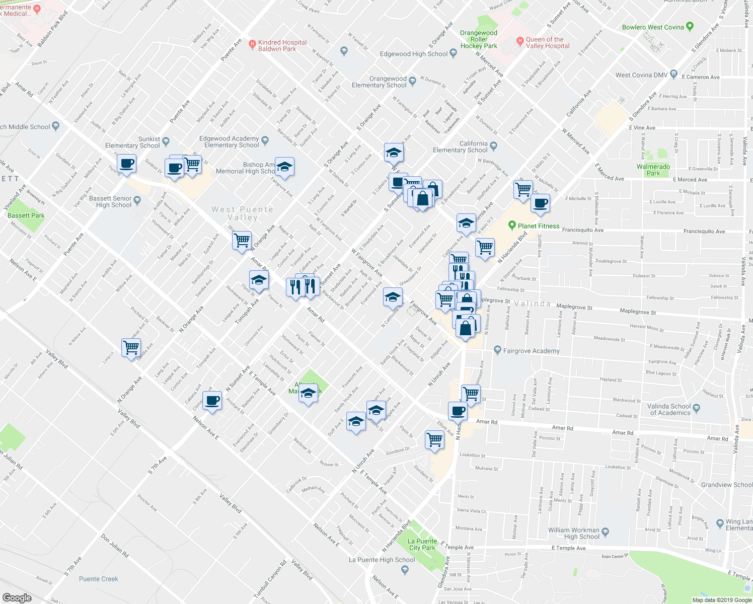map of restaurants, bars, coffee shops, grocery stores, and more near 14818 Dancer Street in La Puente