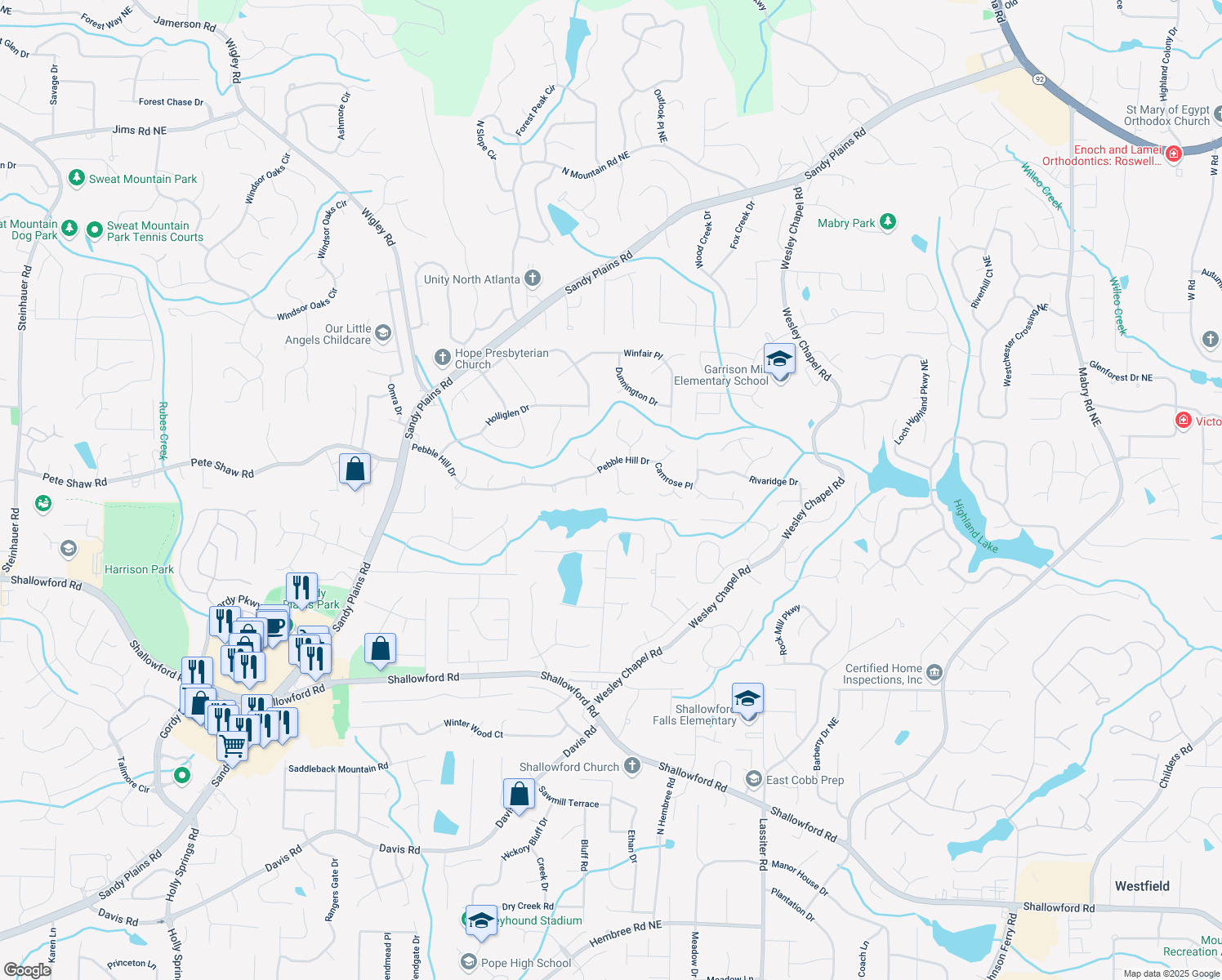 map of restaurants, bars, coffee shops, grocery stores, and more near 4028 Ashmont Court in Marietta