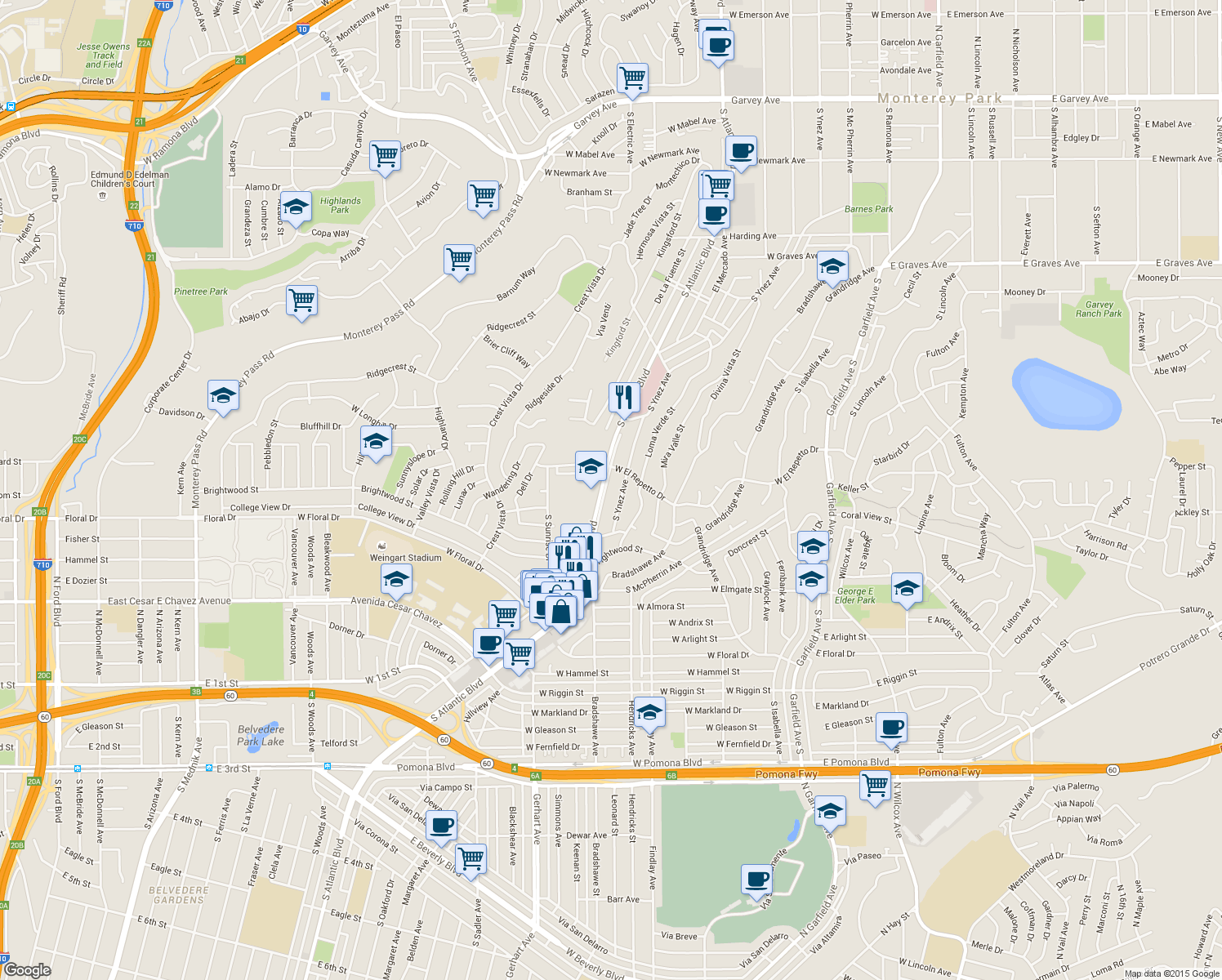 map of restaurants, bars, coffee shops, grocery stores, and more near 1540 South Atlantic Boulevard in Monterey Park