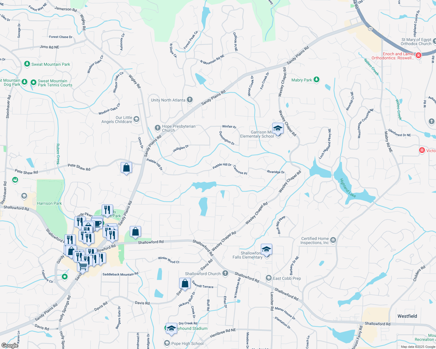 map of restaurants, bars, coffee shops, grocery stores, and more near 4028 Ashmont Court in Marietta