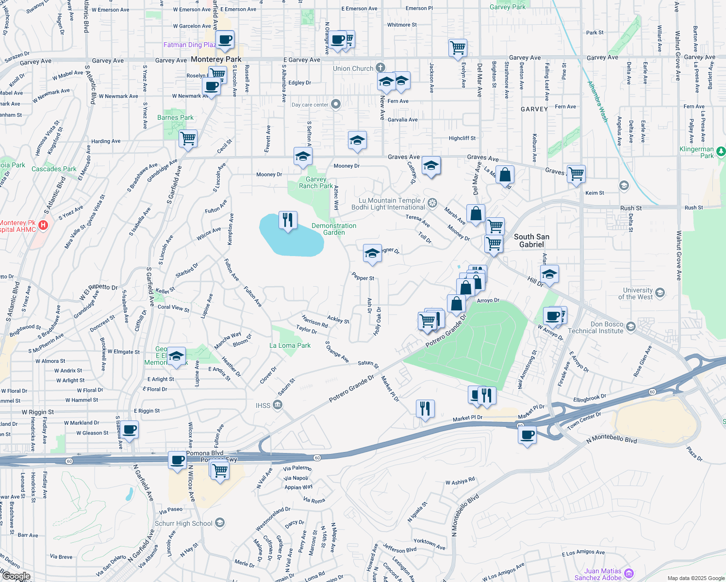 map of restaurants, bars, coffee shops, grocery stores, and more near 1744 Laurel Drive in Monterey Park