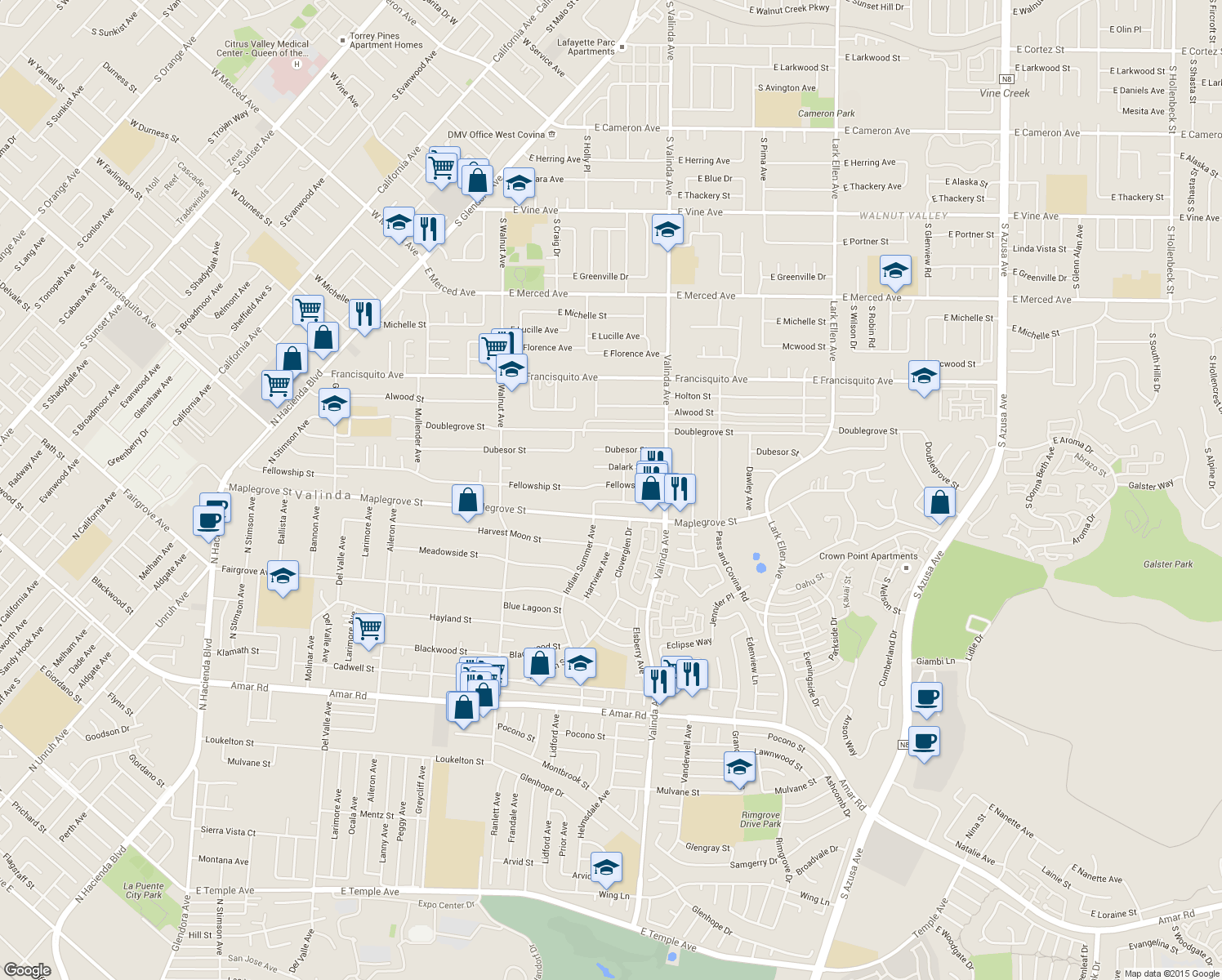 map of restaurants, bars, coffee shops, grocery stores, and more near 16246 Fellowship St in La Puente