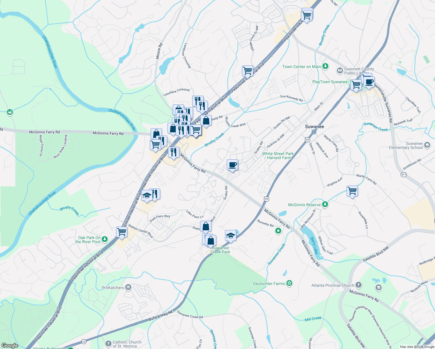 map of restaurants, bars, coffee shops, grocery stores, and more near 4021 McGinnis Ferry Road in Suwanee