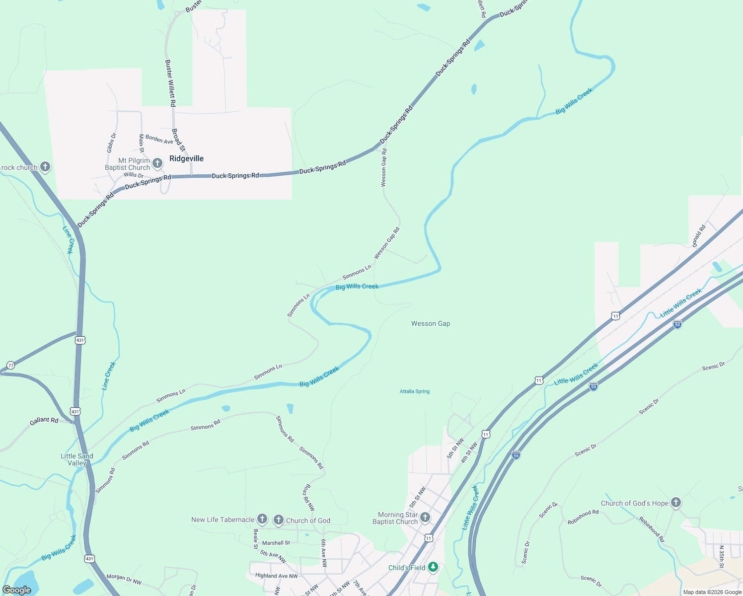 map of restaurants, bars, coffee shops, grocery stores, and more near 2626 Wesson Gap Road in Attalla