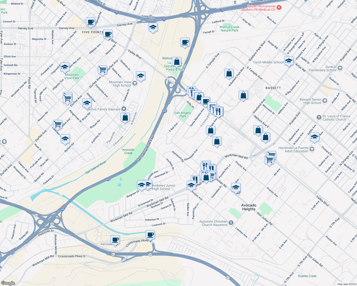 map of restaurants, bars, coffee shops, grocery stores, and more near 442 Santa Mariana Avenue in La Puente
