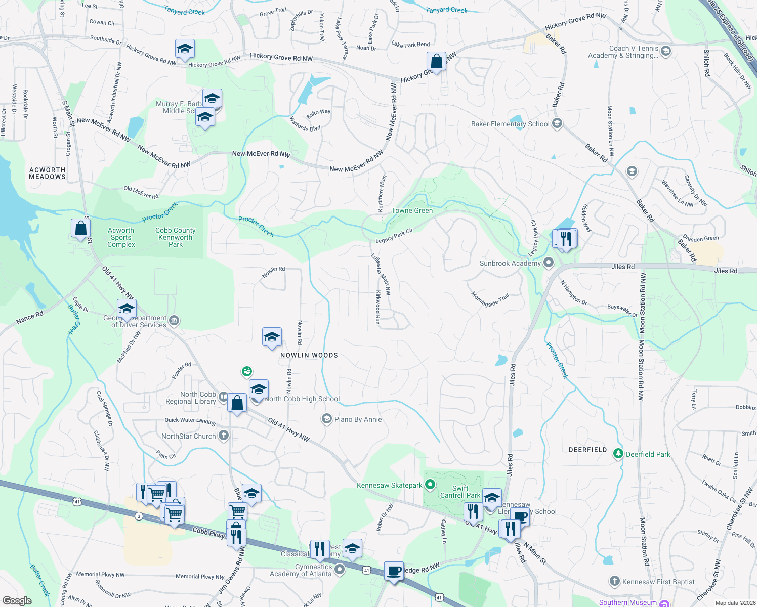 map of restaurants, bars, coffee shops, grocery stores, and more near 3824 Kirkwood Run in Kennesaw