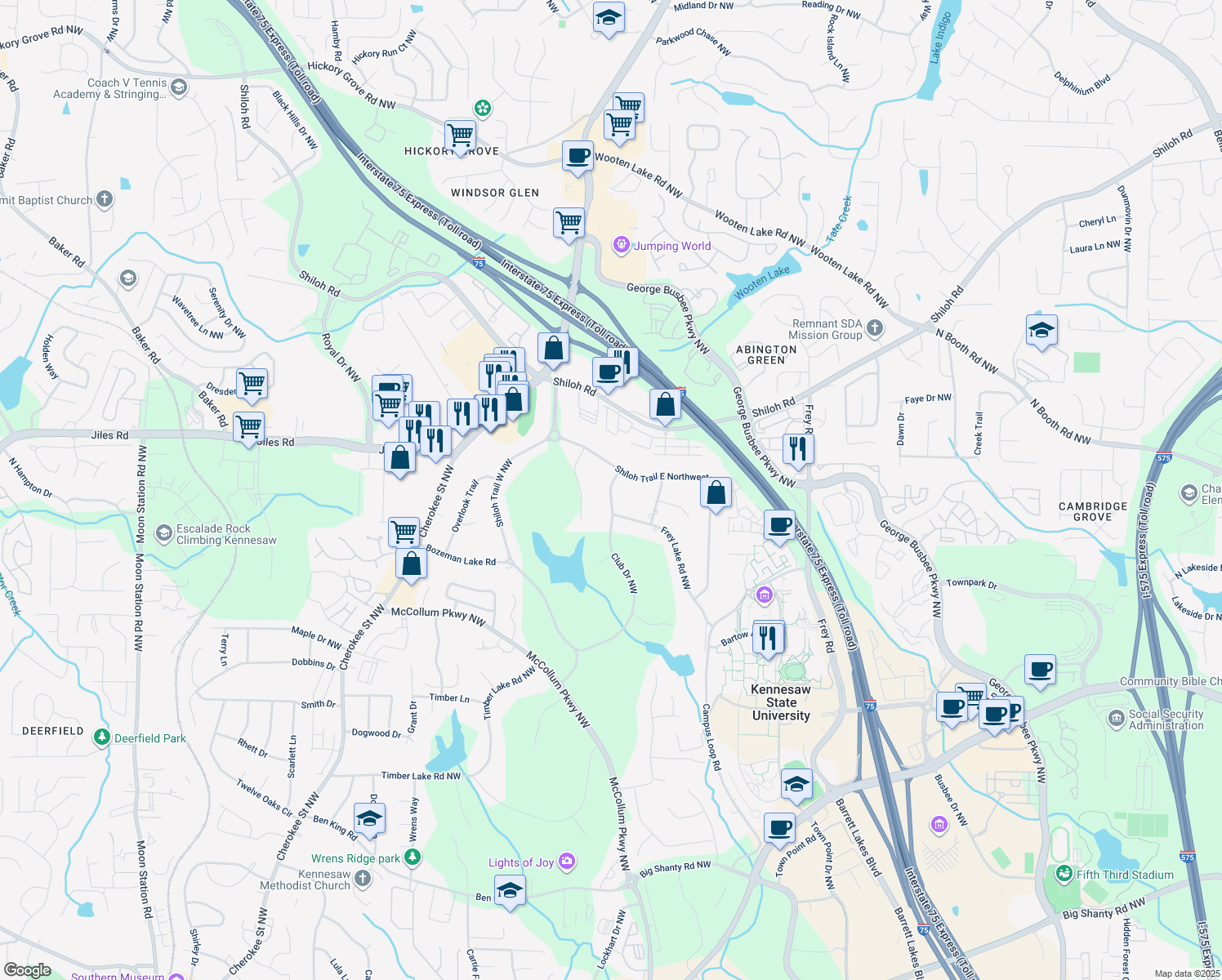 map of restaurants, bars, coffee shops, grocery stores, and more near 3796 Club Dr NW in Kennesaw