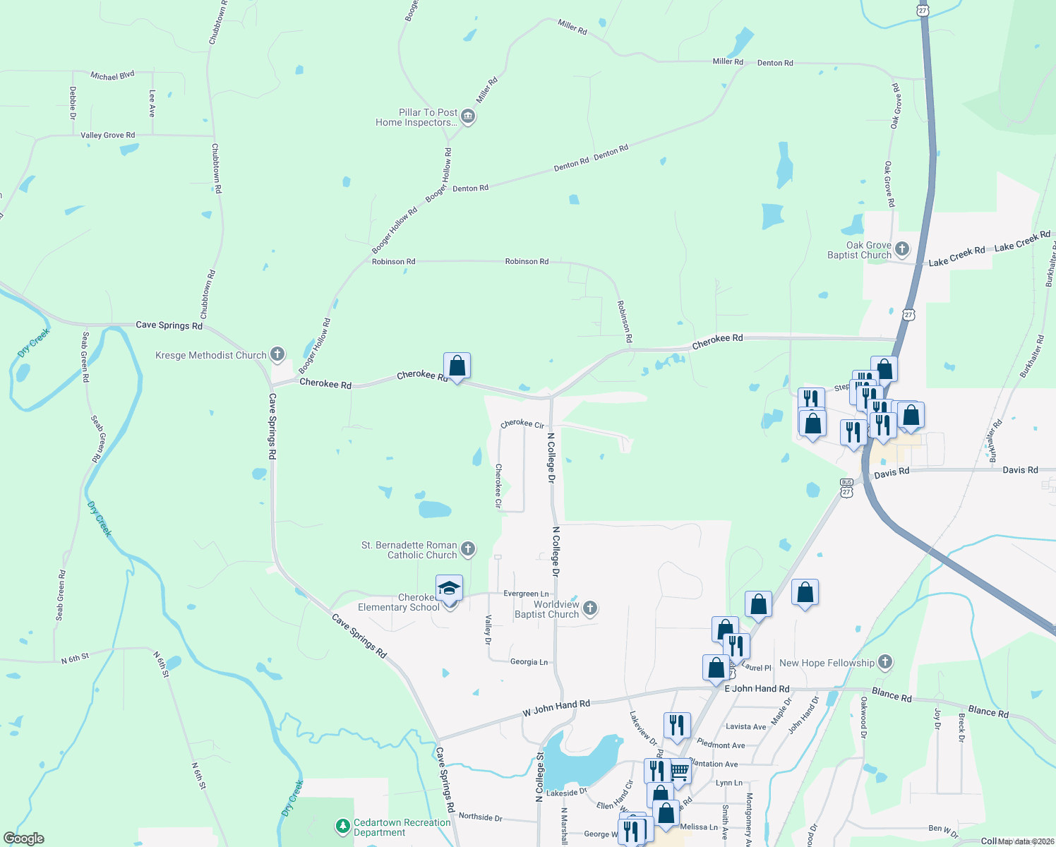 map of restaurants, bars, coffee shops, grocery stores, and more near 116 Cherokee Cir in Cedartown