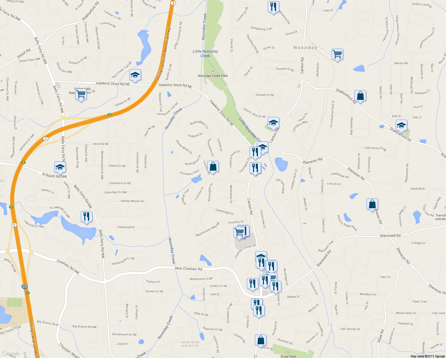 map of restaurants, bars, coffee shops, grocery stores, and more near 3912 Devonshire Drive in Marietta