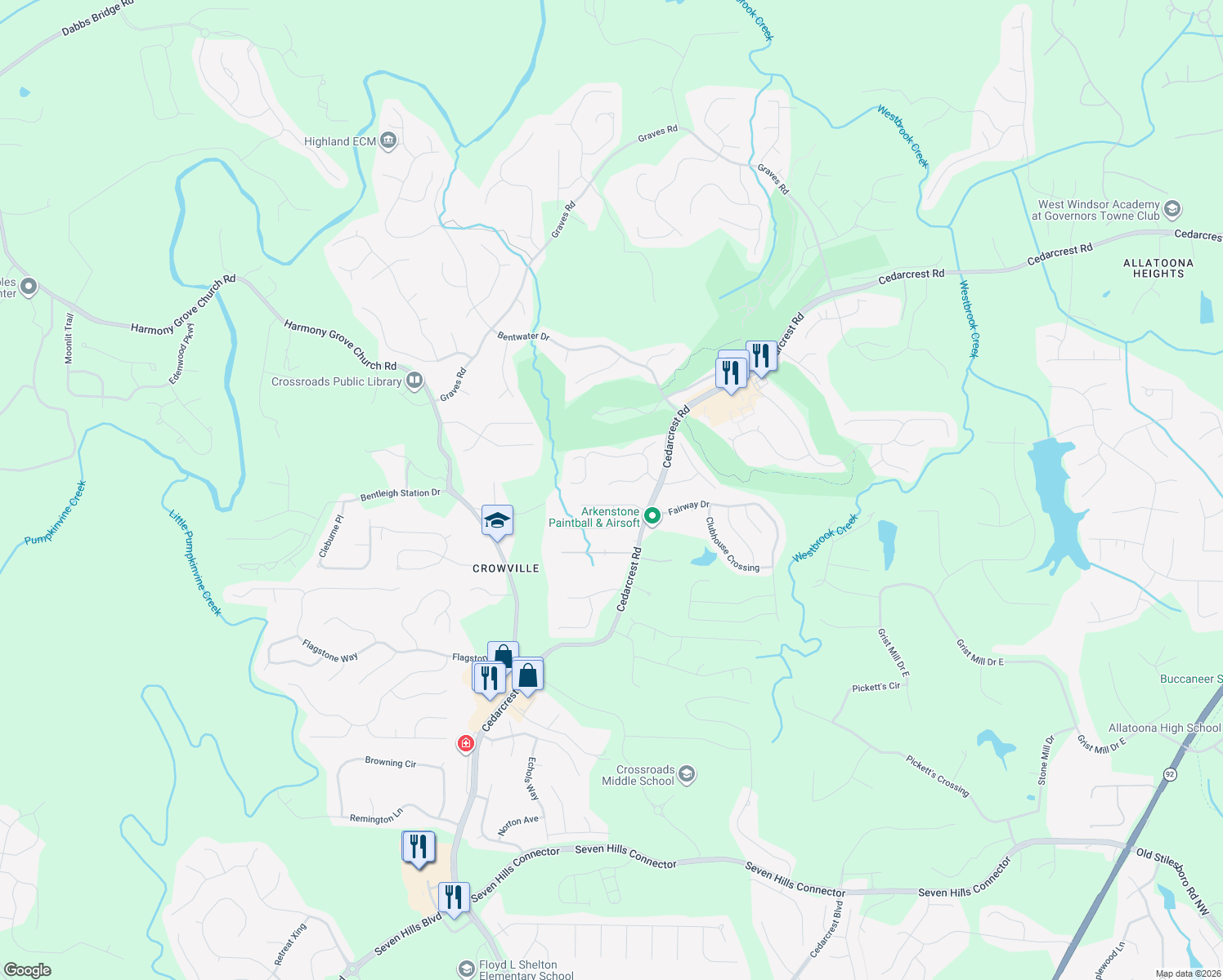 map of restaurants, bars, coffee shops, grocery stores, and more near 123 Vine Creek Place in Acworth