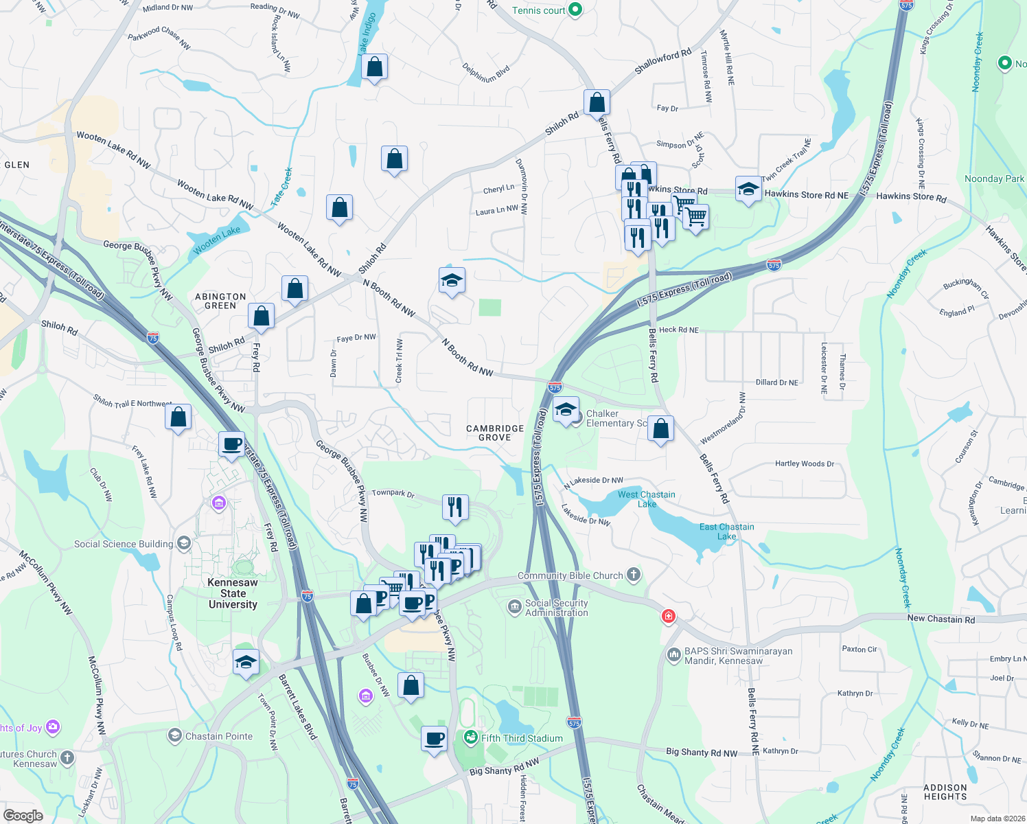 map of restaurants, bars, coffee shops, grocery stores, and more near 3691 Southwick Dr NW in Kennesaw