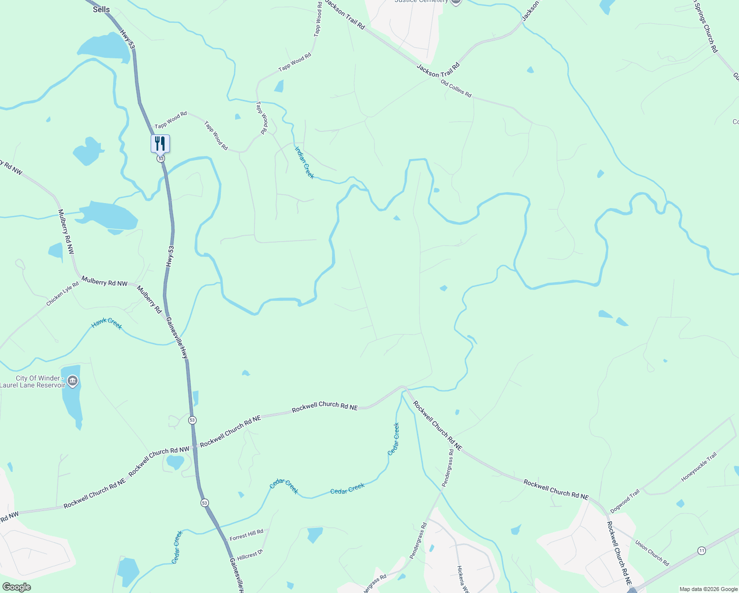 map of restaurants, bars, coffee shops, grocery stores, and more near 177 Celestial Run in Winder