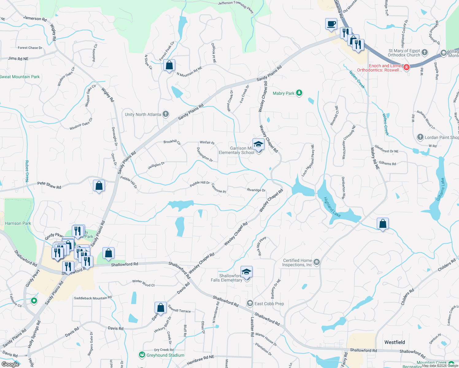 map of restaurants, bars, coffee shops, grocery stores, and more near 3757 Rivaridge Drive in Marietta