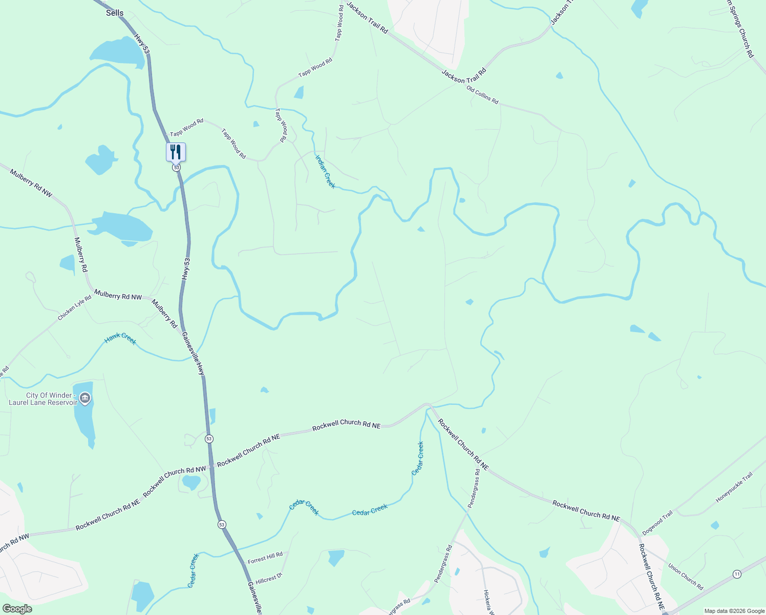 map of restaurants, bars, coffee shops, grocery stores, and more near 174 Celestial Run in Winder