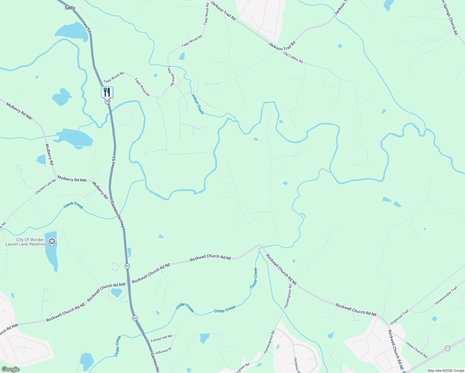 map of restaurants, bars, coffee shops, grocery stores, and more near 174 Celestial Run in Winder
