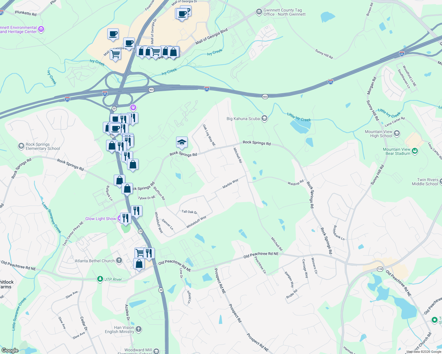 map of restaurants, bars, coffee shops, grocery stores, and more near 2430 Suncrest Court in Buford