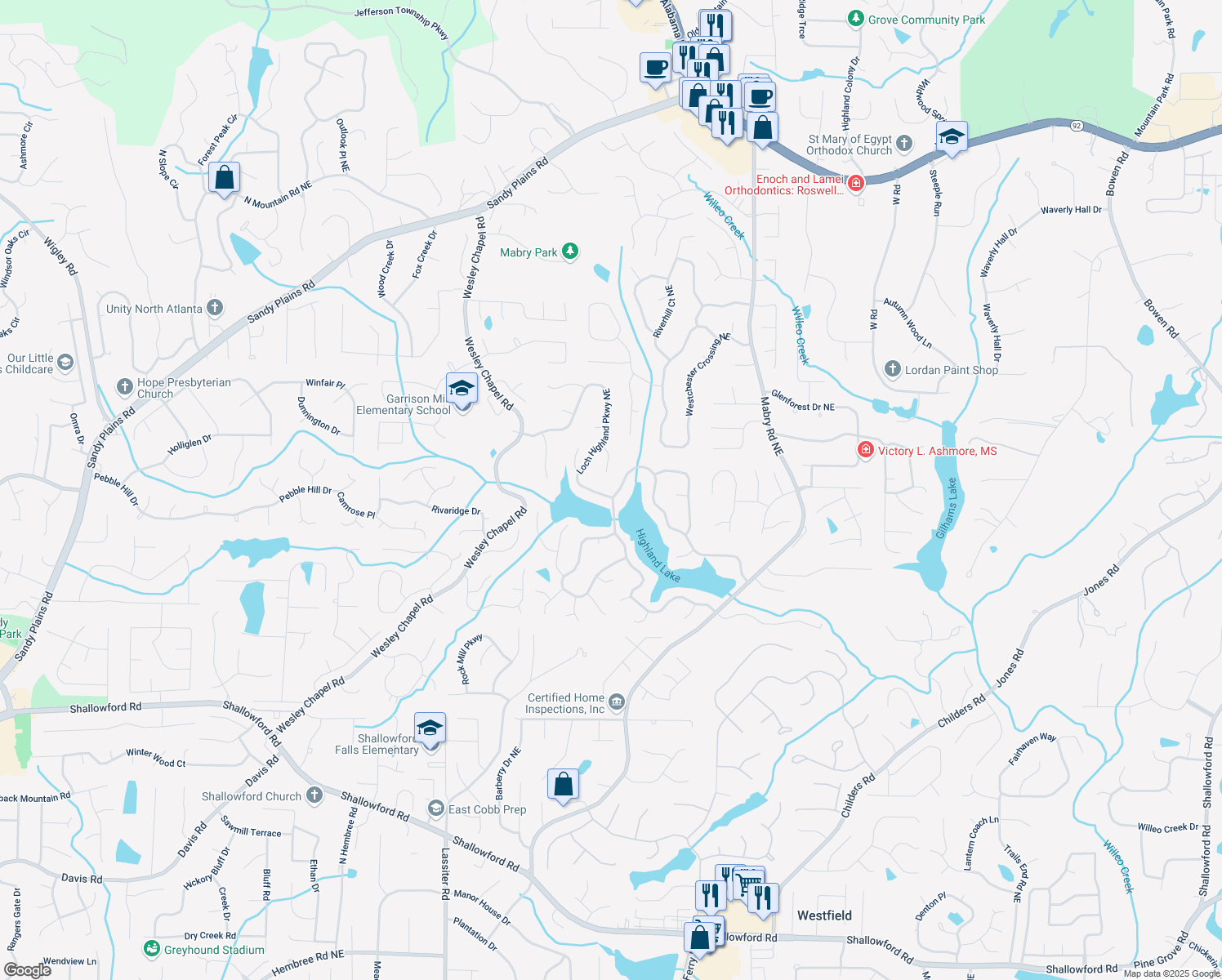 map of restaurants, bars, coffee shops, grocery stores, and more near 4052 Loch Highland Pass Northeast in Roswell