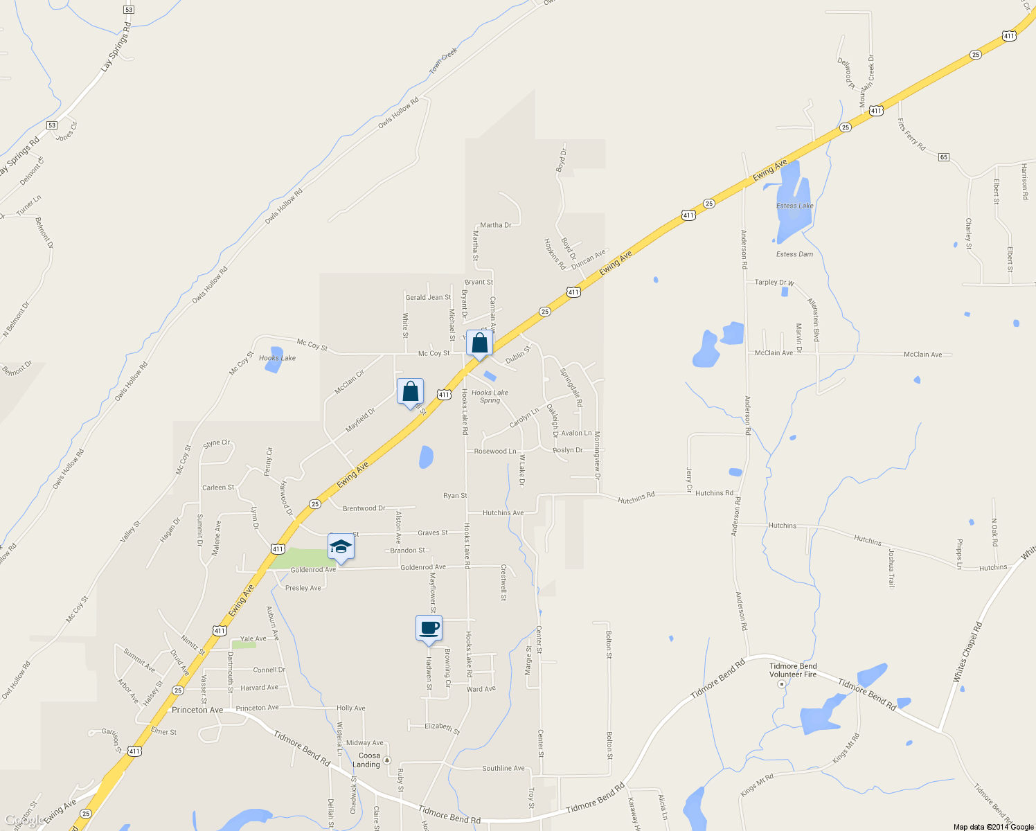 map of restaurants, bars, coffee shops, grocery stores, and more near 200 Carolyn Lane in Gadsden