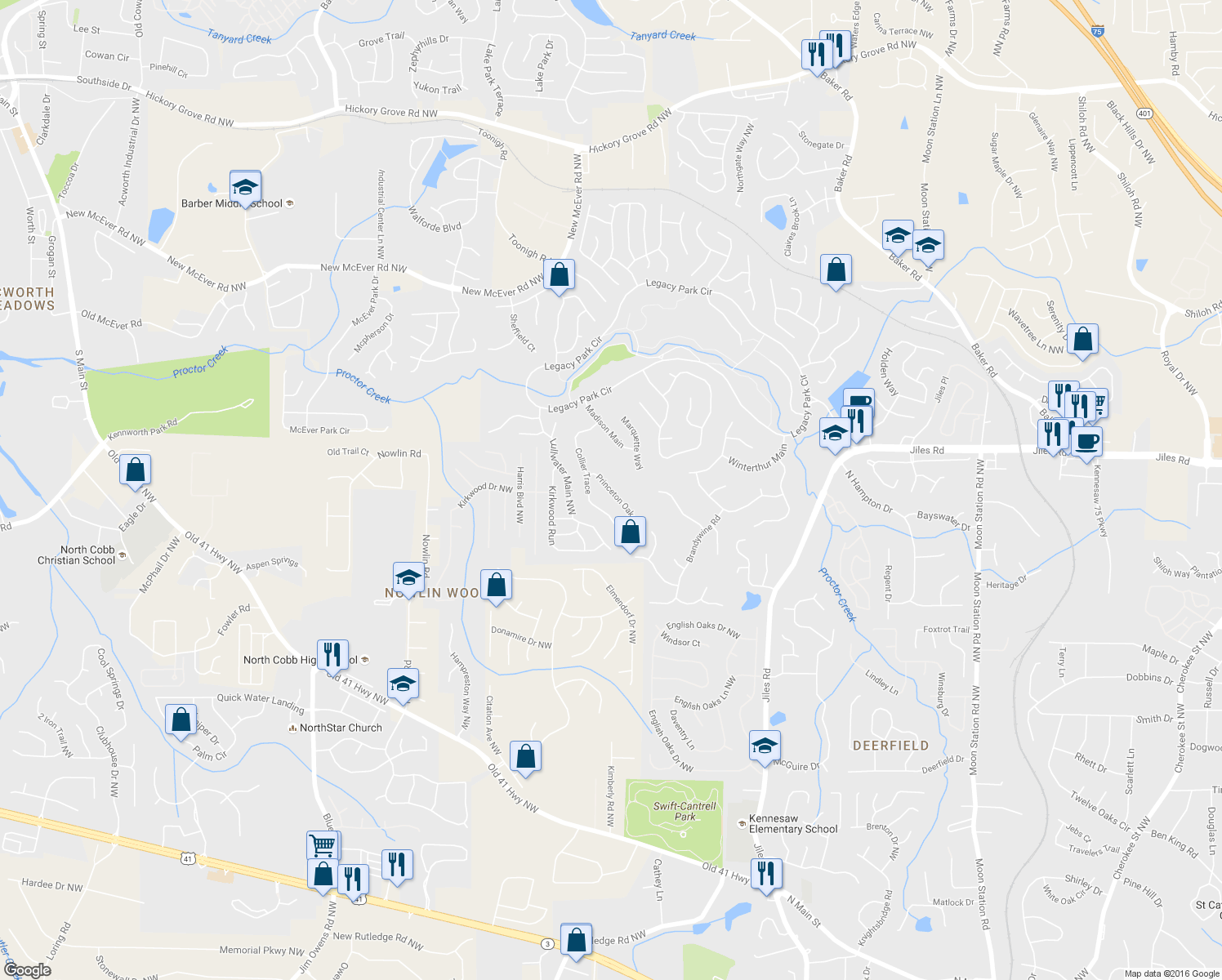 map of restaurants, bars, coffee shops, grocery stores, and more near 3848 Princeton Oaks in Kennesaw