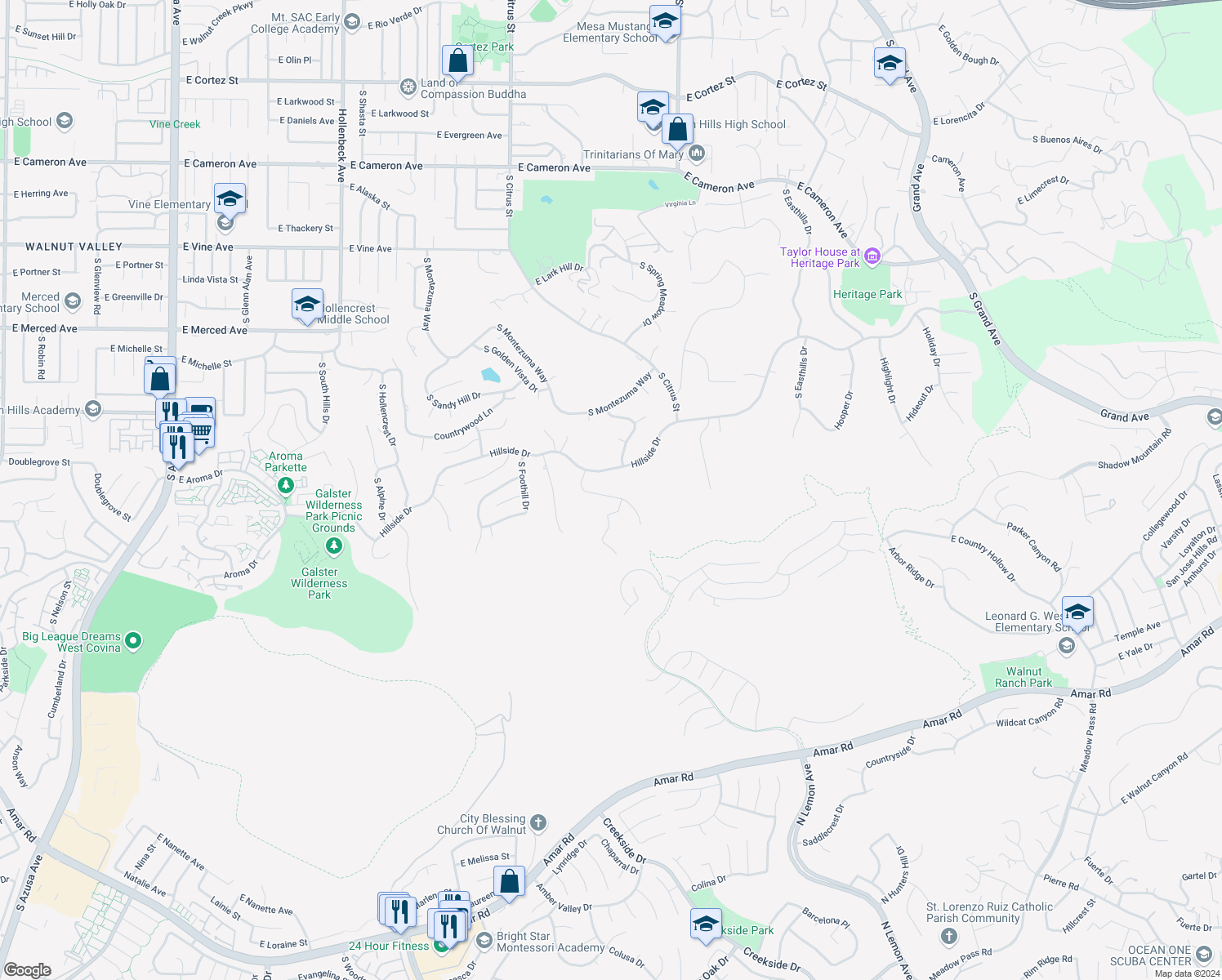map of restaurants, bars, coffee shops, grocery stores, and more near 1220 Inspiration Point in West Covina