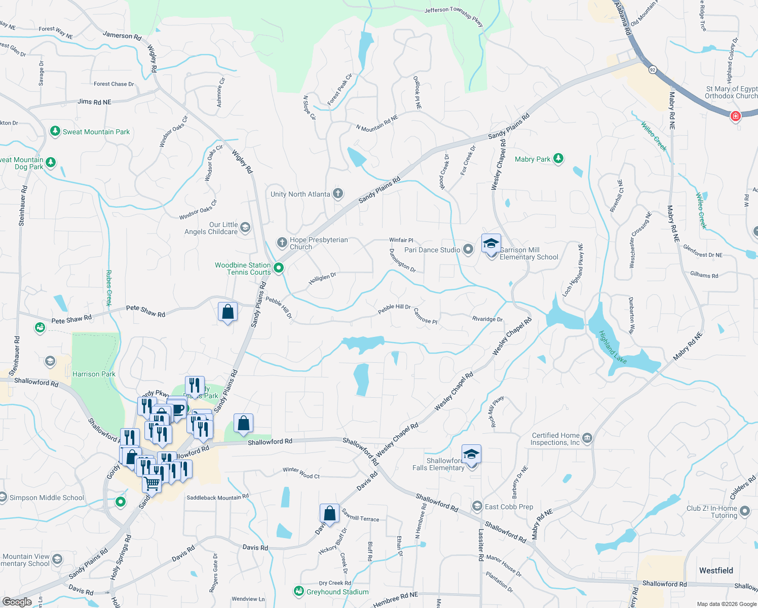 map of restaurants, bars, coffee shops, grocery stores, and more near 4034 Whetstone Court in Marietta