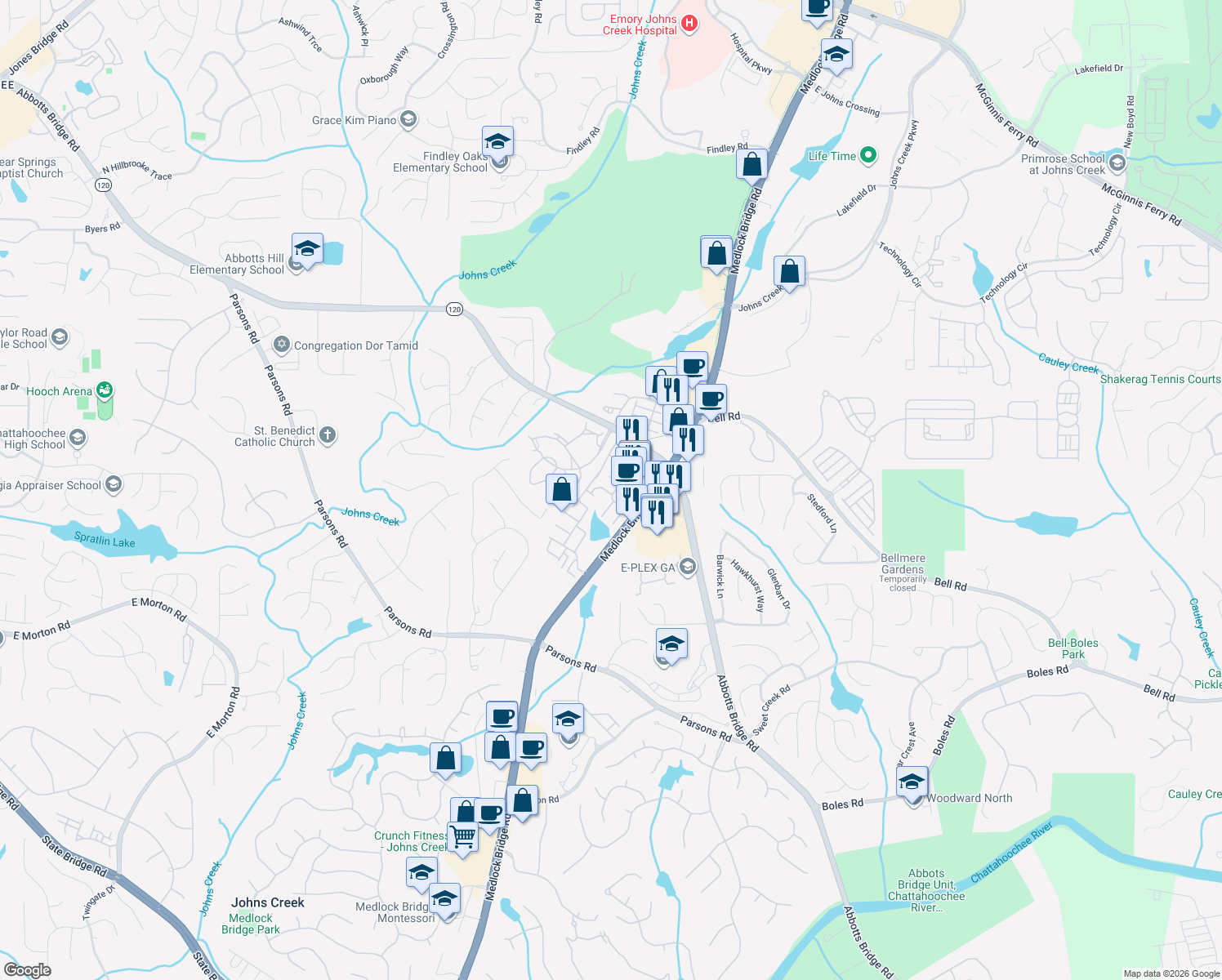 map of restaurants, bars, coffee shops, grocery stores, and more near 6175 Deluna Way in Duluth