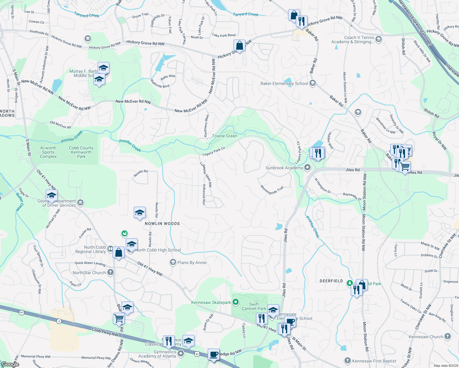map of restaurants, bars, coffee shops, grocery stores, and more near 3848 Princeton Oaks in Kennesaw