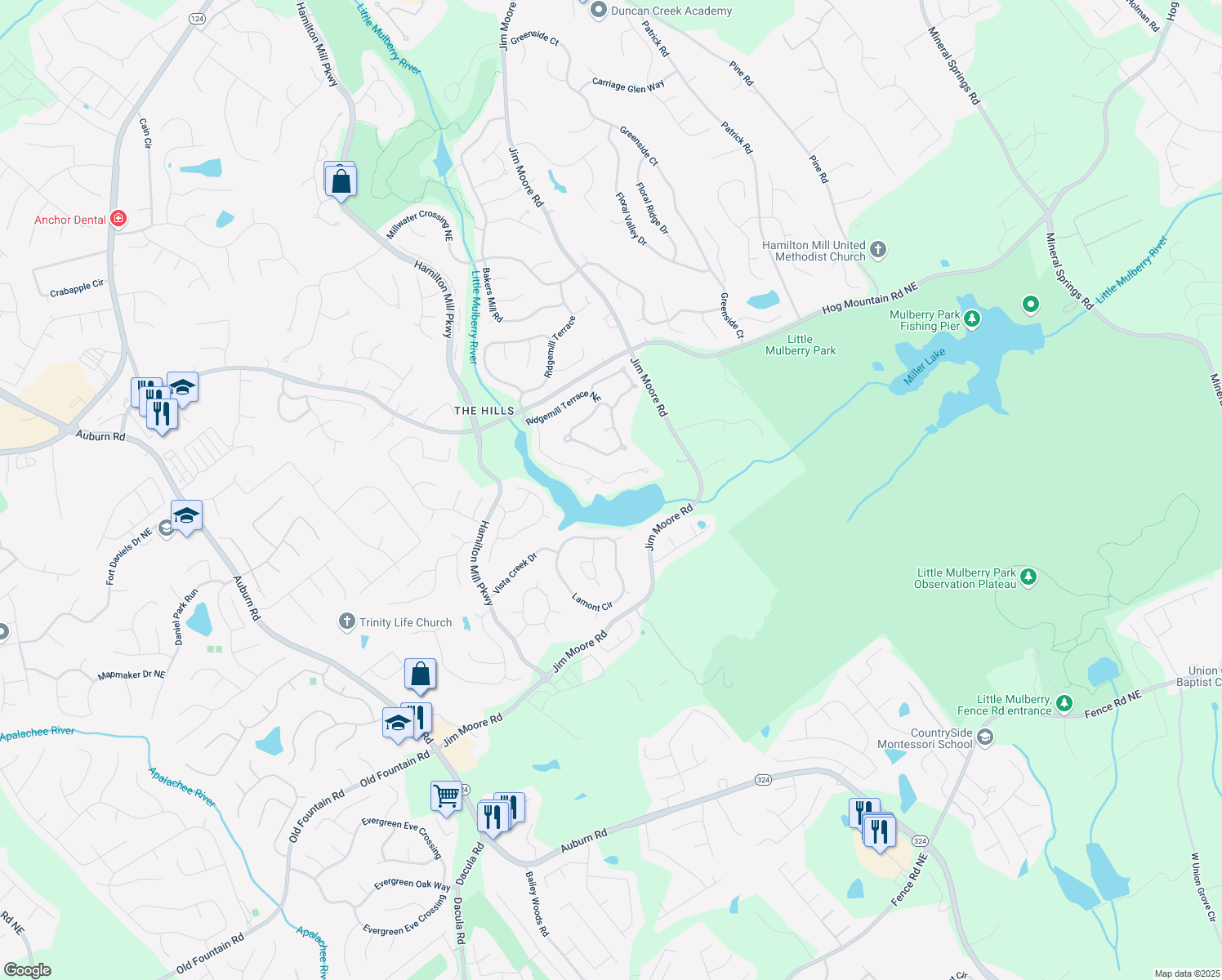 map of restaurants, bars, coffee shops, grocery stores, and more near 1608 Mulberry Lake Drive in Dacula