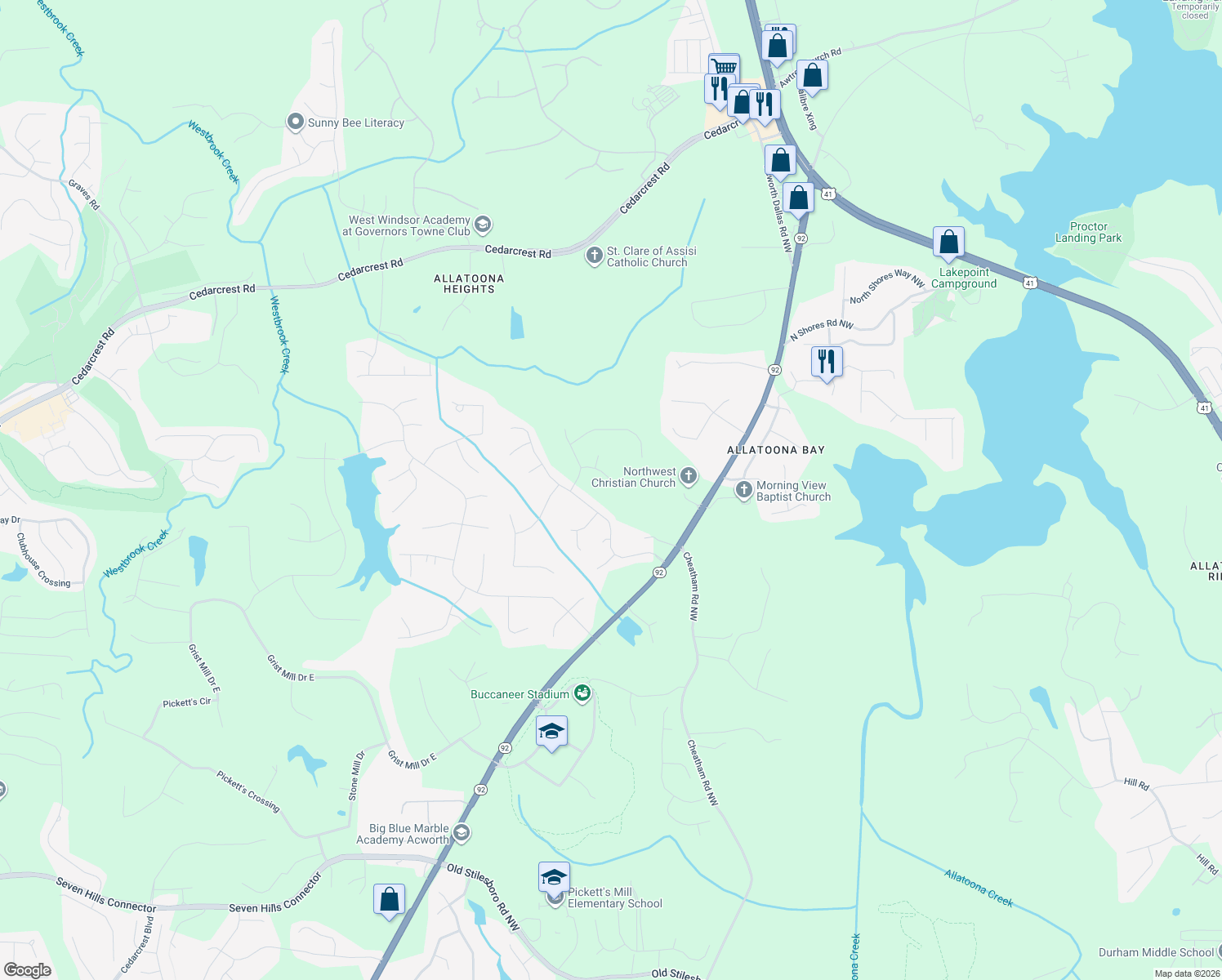 map of restaurants, bars, coffee shops, grocery stores, and more near 6065 Autumn View Trail in Acworth