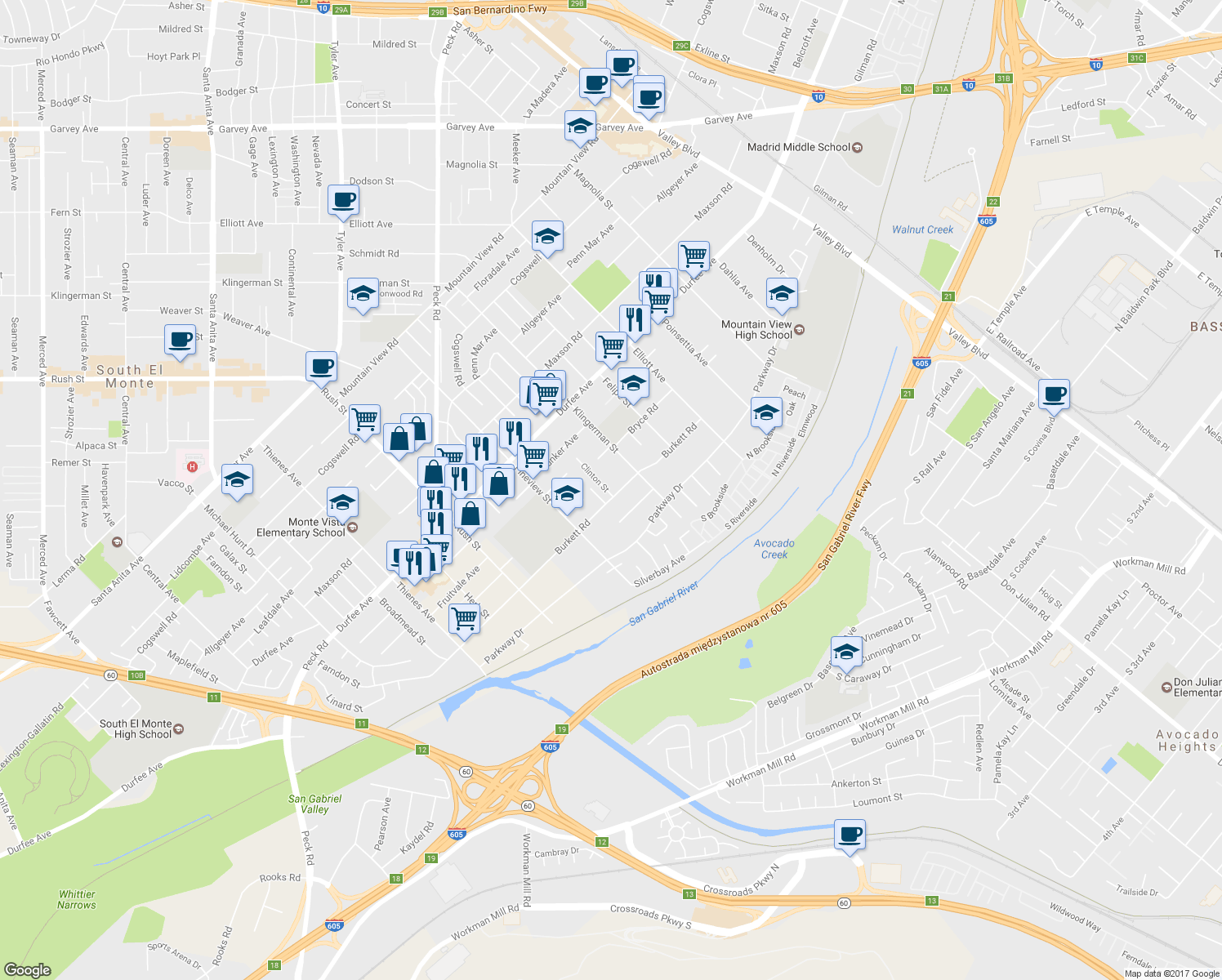map of restaurants, bars, coffee shops, grocery stores, and more near 12451 Clinton Street in El Monte
