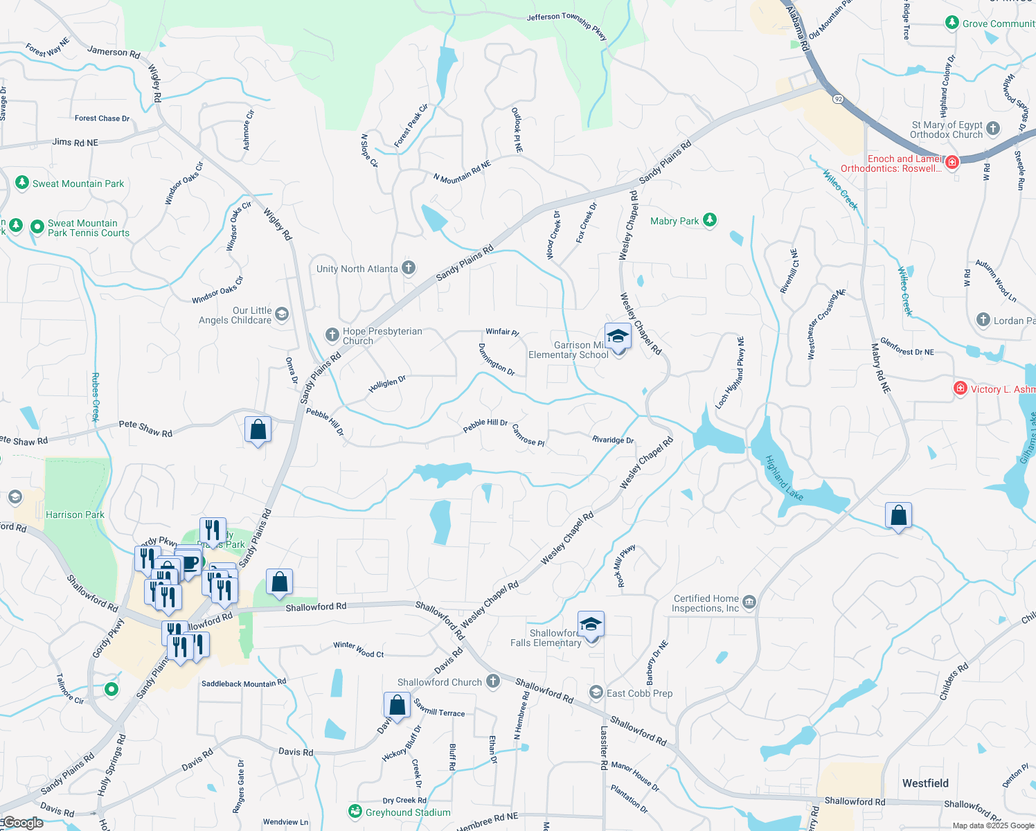 map of restaurants, bars, coffee shops, grocery stores, and more near 3627 Pebble Hill Drive in Marietta