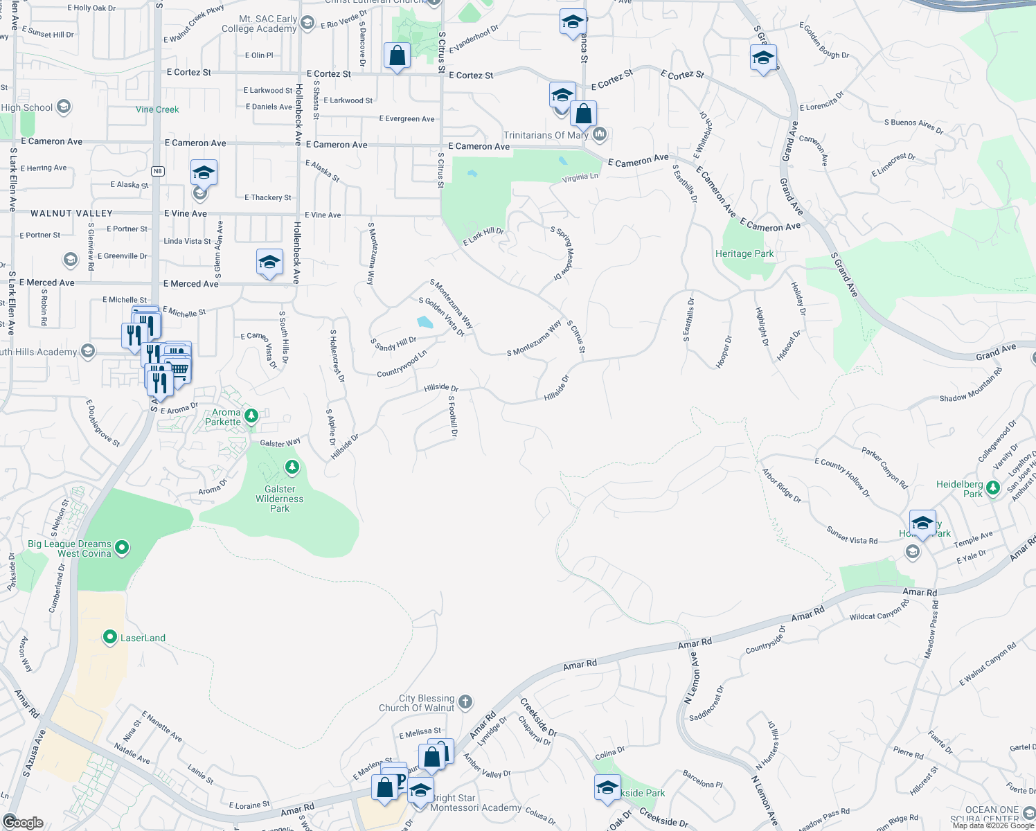 map of restaurants, bars, coffee shops, grocery stores, and more near 1220 Inspiration Point in West Covina