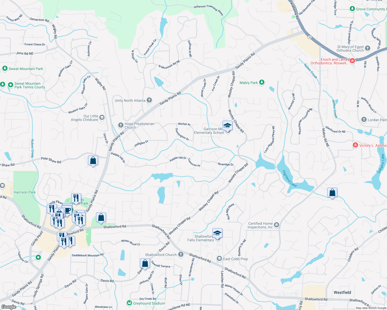 map of restaurants, bars, coffee shops, grocery stores, and more near 3627 Pebble Hill Drive Northeast in Marietta