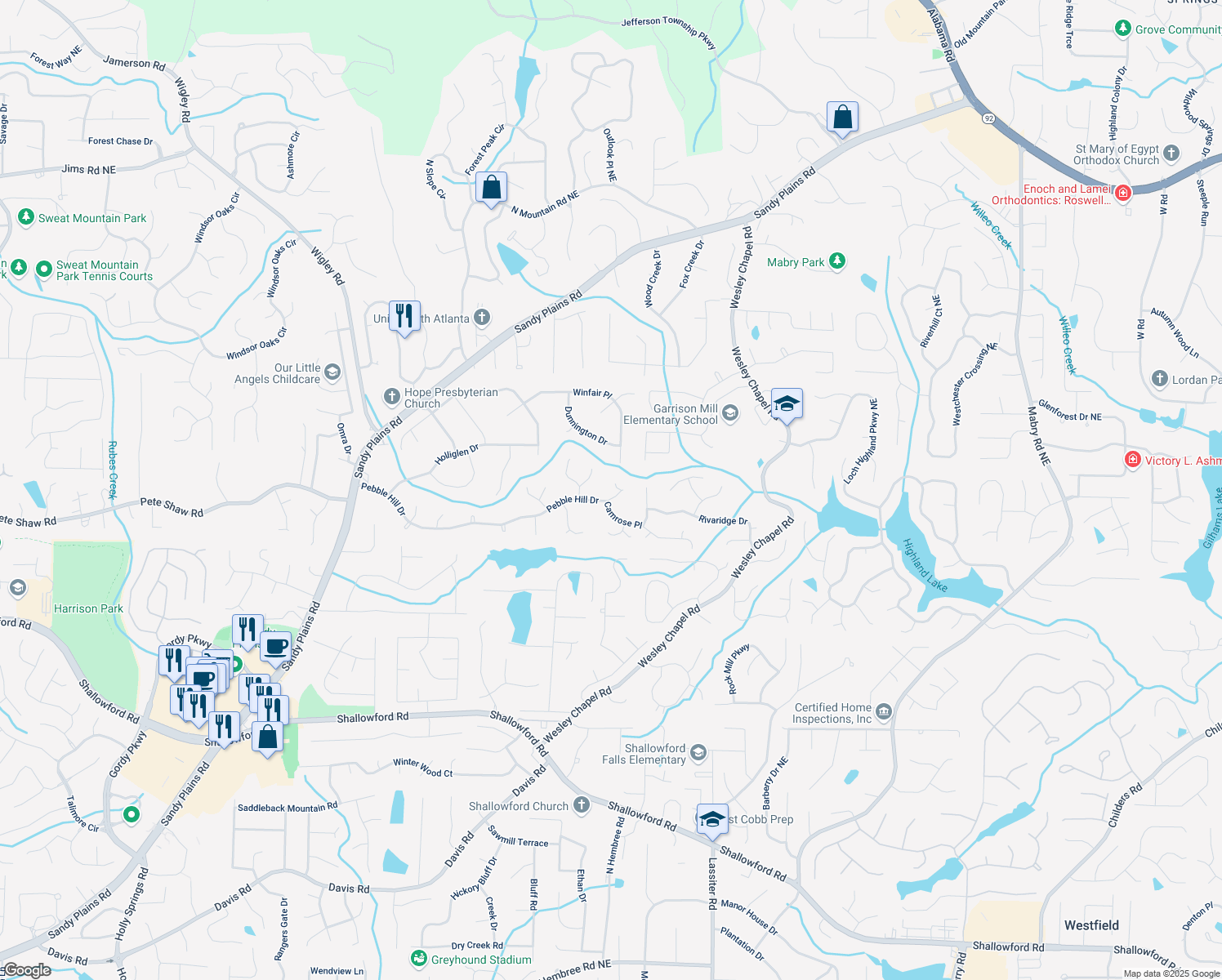 map of restaurants, bars, coffee shops, grocery stores, and more near 3627 Pebble Hill Drive Northeast in Marietta