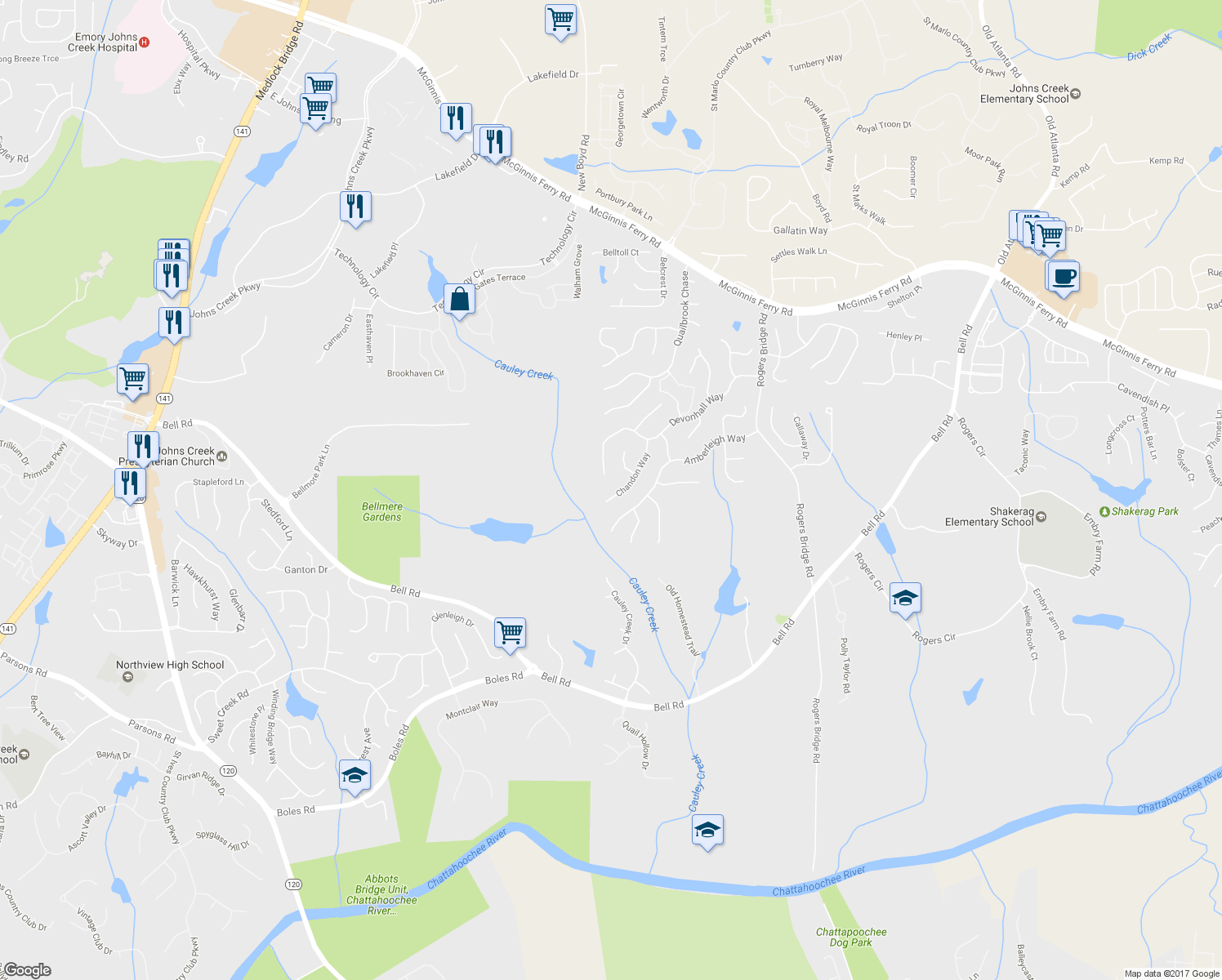 map of restaurants, bars, coffee shops, grocery stores, and more near 11000 Chandon Way in Duluth