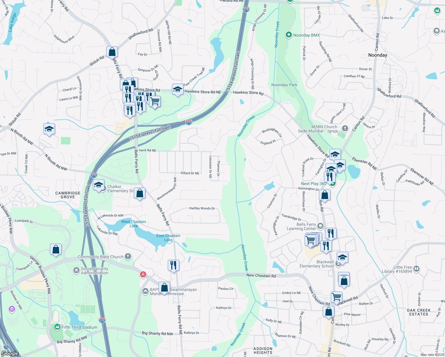 map of restaurants, bars, coffee shops, grocery stores, and more near 4014 Leicester Drive Northeast in Kennesaw