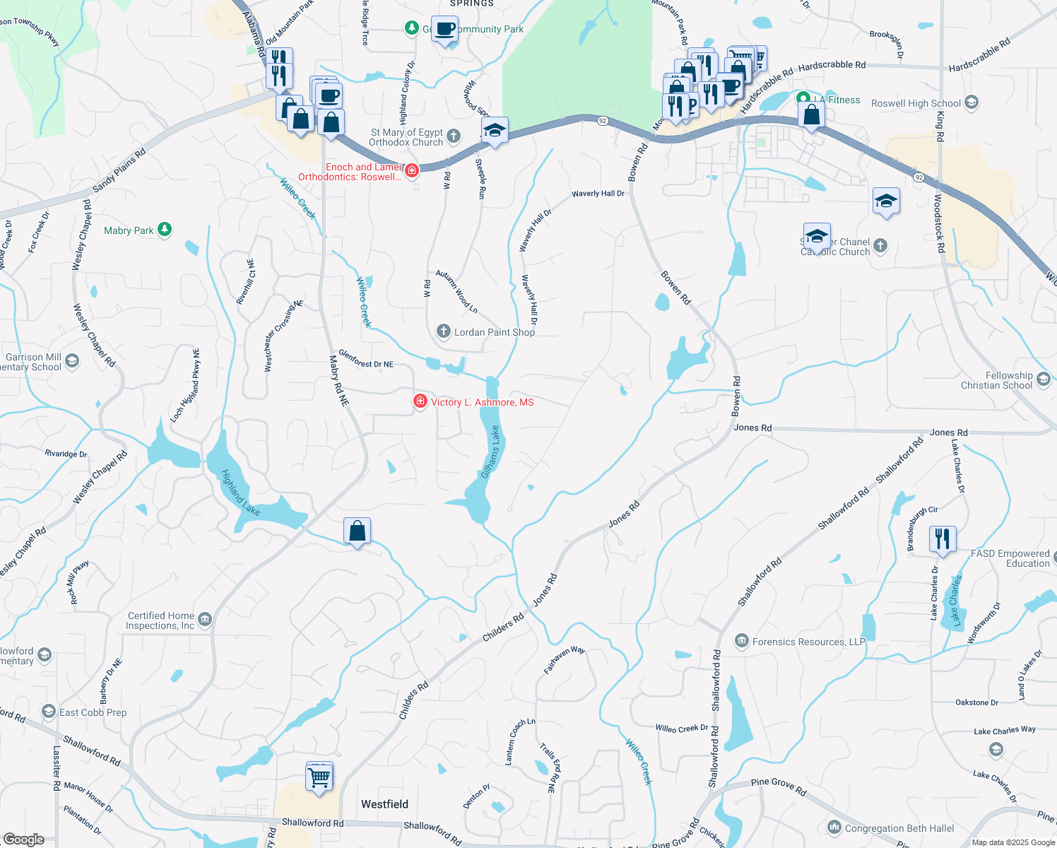 map of restaurants, bars, coffee shops, grocery stores, and more near 10855 Stroup Road in Roswell