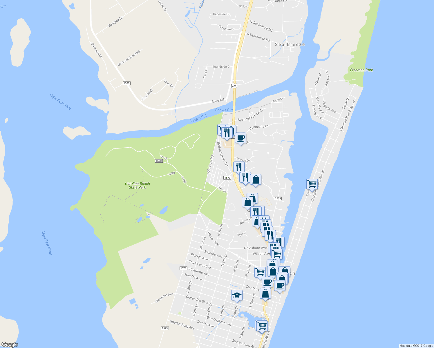 map of restaurants, bars, coffee shops, grocery stores, and more near 900 Blanche Avenue in Carolina Beach