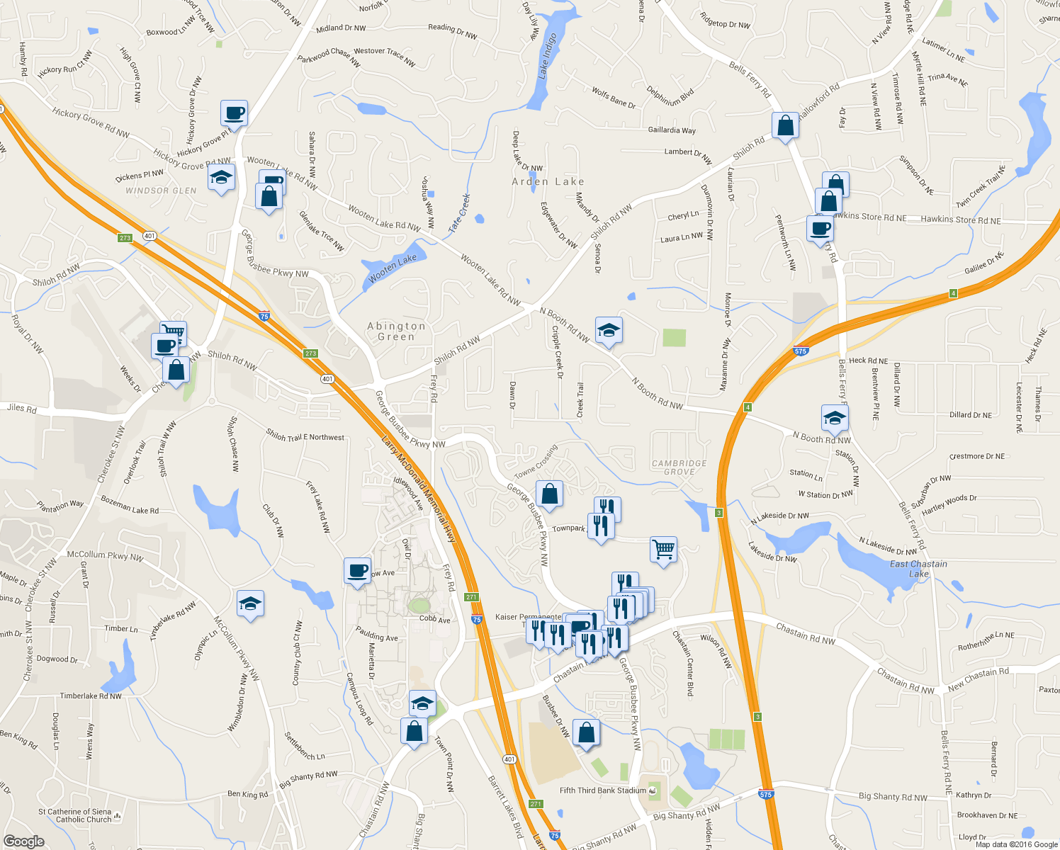 map of restaurants, bars, coffee shops, grocery stores, and more near 861 Creek Trail Northwest in Kennesaw