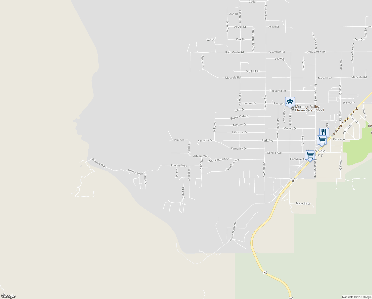 map of restaurants, bars, coffee shops, grocery stores, and more near 48674 Bird of Paradise in Morongo Valley