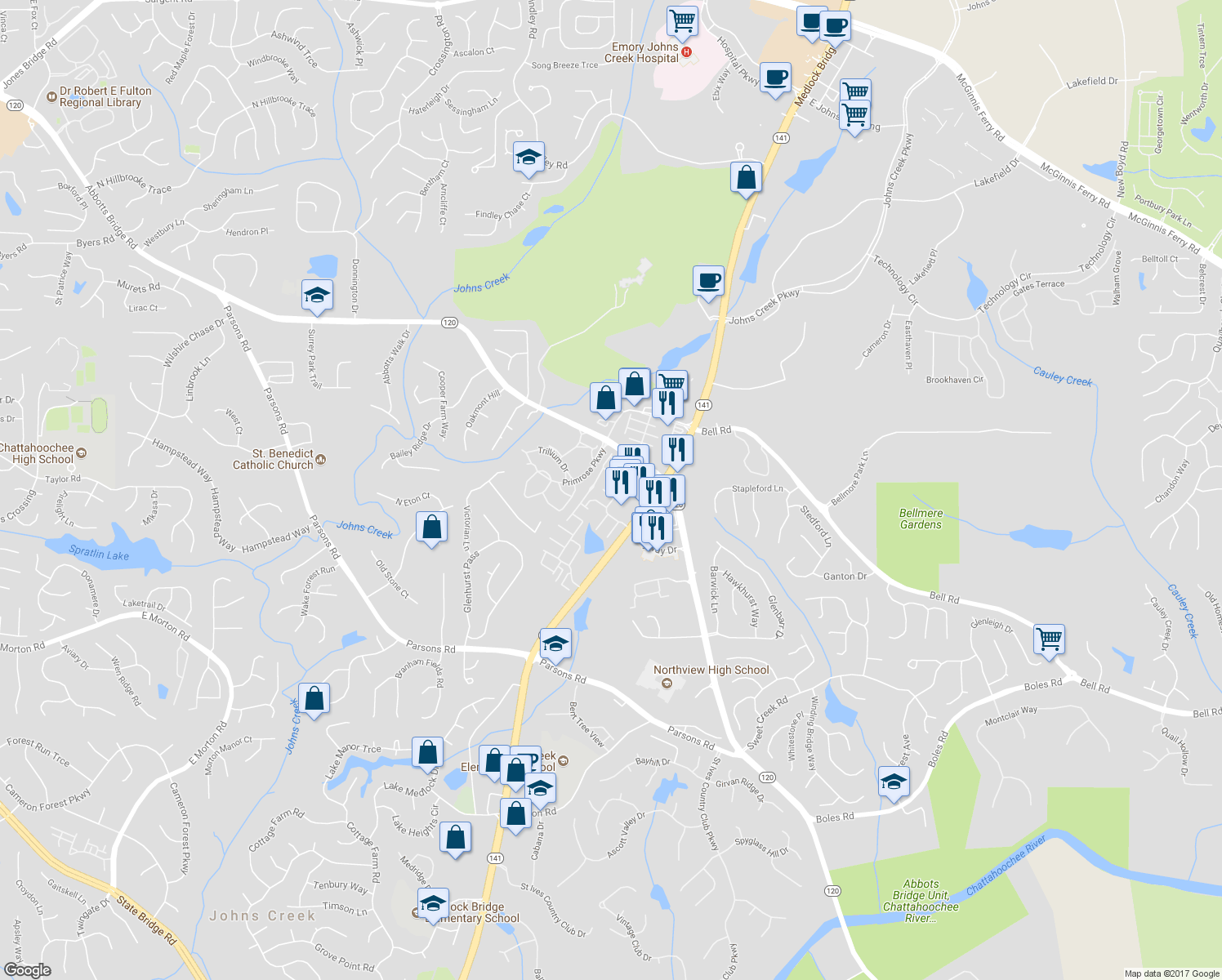 map of restaurants, bars, coffee shops, grocery stores, and more near 6153 Briggs Way in Duluth